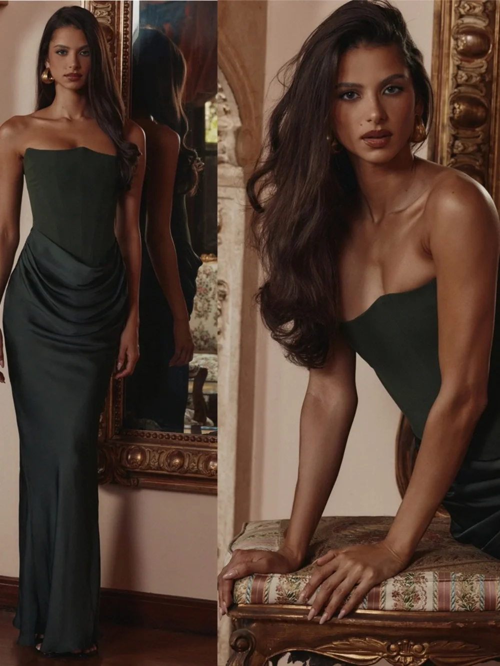 House of CB Dark Green Strapless Satin Maxi Dress - Picture 4 of 12